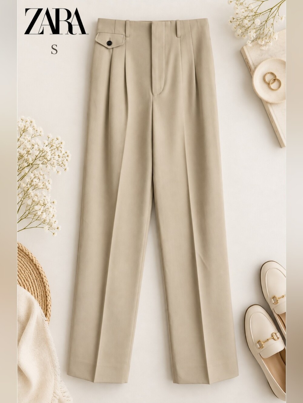 EUC Zara Minimalist Tan High Rise Pleated Dress Pants, Size S
